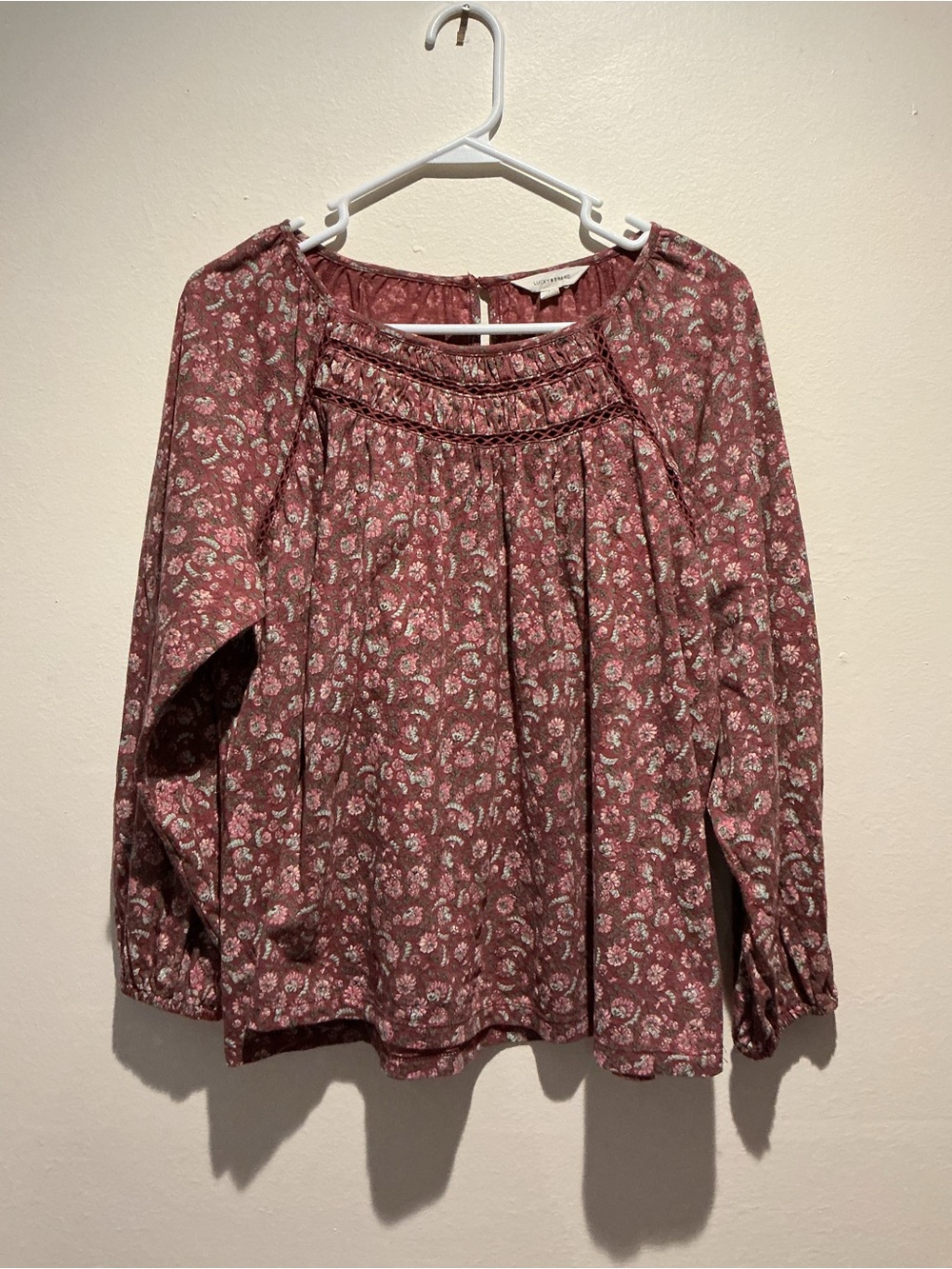 Lucky Brand Floral Long Sleeve Blouse Top Pink Mauve Cotton Size Large